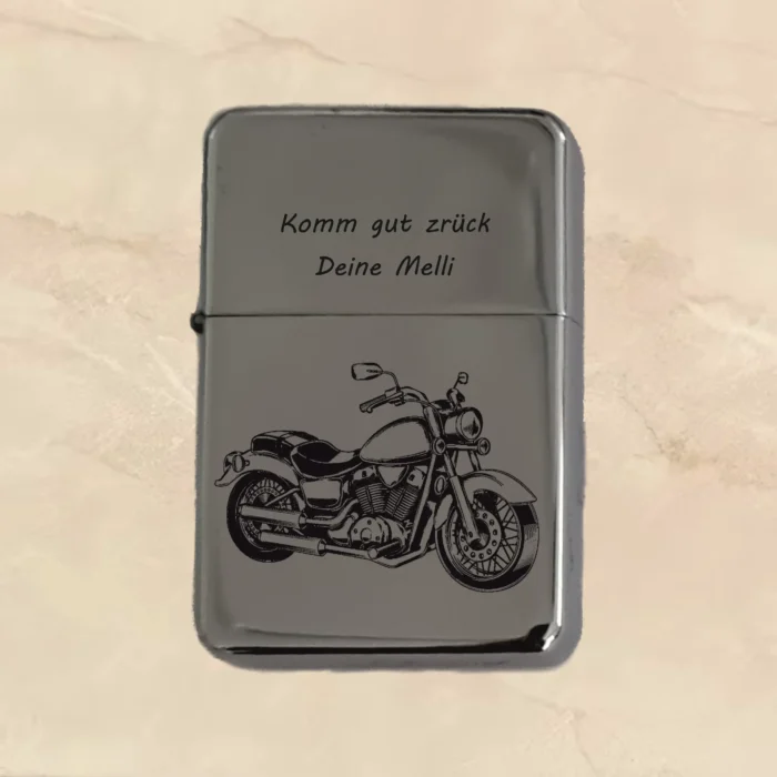 Sturmfeuerzeug mit gravur glänzend Set bild foto personalisierbar individuell personalisiert Traumgravur Motorrad