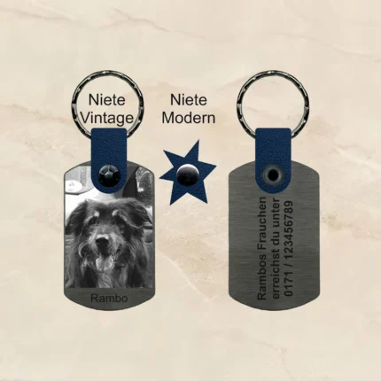 schlüsselanhänger Hund mit Gravur edelstahl personalisierbar text gravur bild foto geschenk Sternzeichen Leder blau