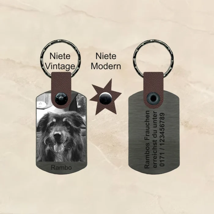 schlüsselanhänger Hund mit Gravur edelstahl personalisierbar text gravur bild foto geschenk Sternzeichen Leder braun