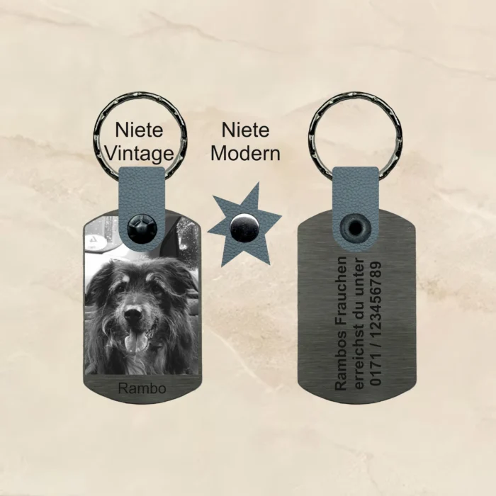 schlüsselanhänger Hund mit Gravur edelstahl personalisierbar text gravur bild foto geschenk Sternzeichen Leder grau