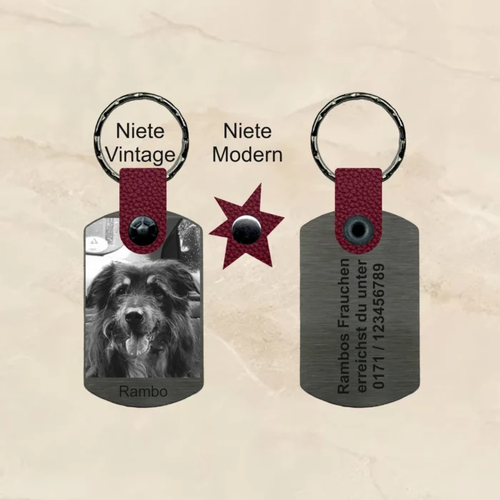 schlüsselanhänger Hund mit Gravur edelstahl personalisierbar text gravur bild foto geschenk Sternzeichen Leder rot
