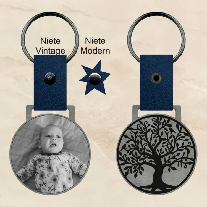 schlüsselanhänger Lebensbaum mit Gravur edelstahl personalisierbar text gravur bild foto geschenk Sternzeichen Leder blau