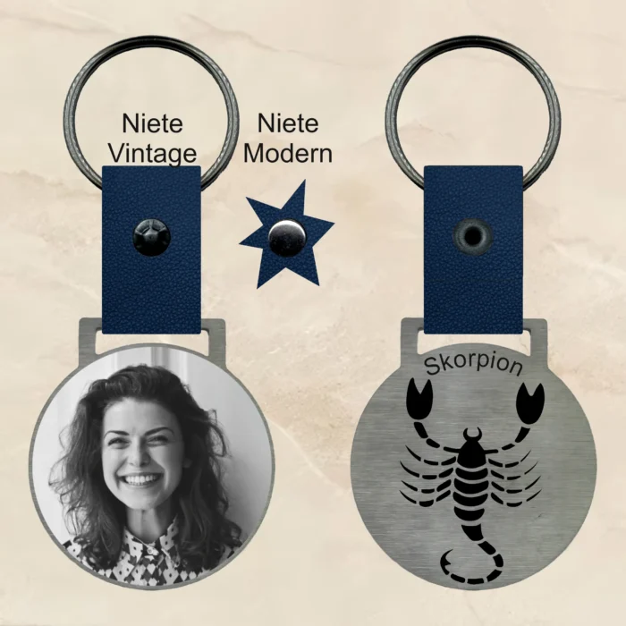 schlüsselanhänger Skorpion mit Gravur edelstahl personalisierbar text gravur bild foto geschenk Sternzeichen Leder blau