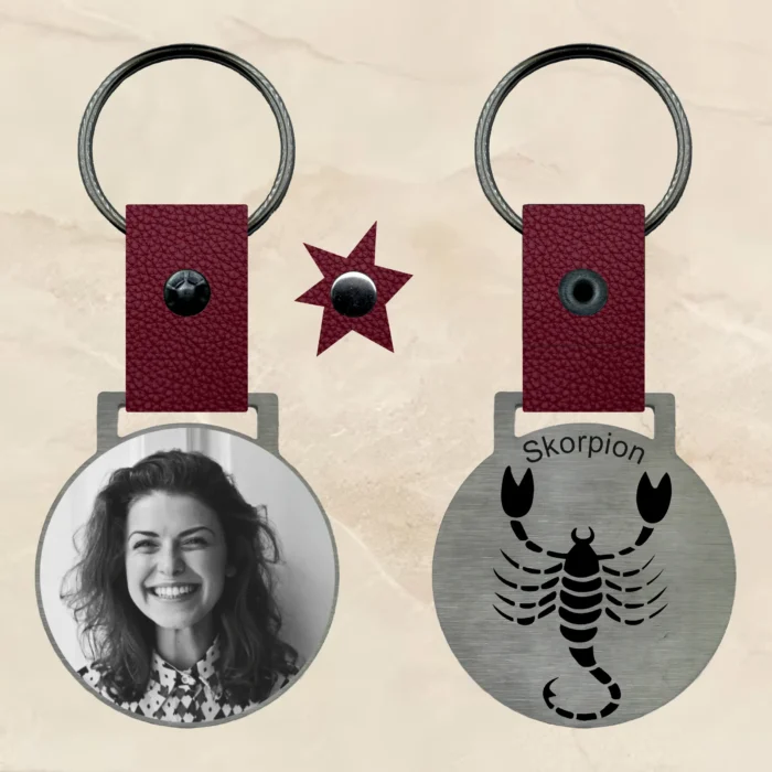 schlüsselanhänger Skorpion mit Gravur edelstahl personalisierbar text gravur bild foto geschenk Sternzeichen Leder rot