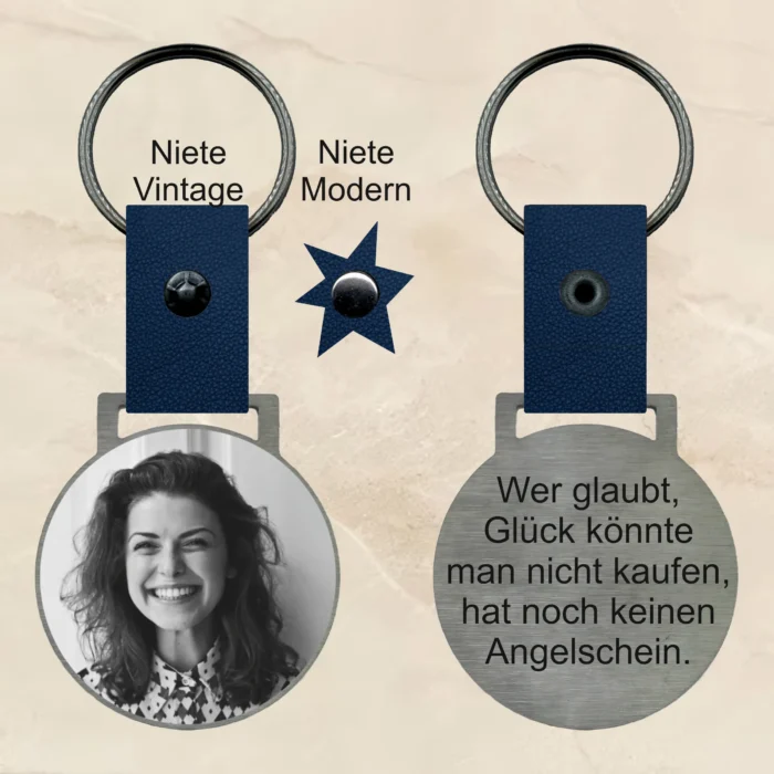 Schlüsselanhänger mit gravur Spruch 1 edelstahl personalisierbar text bild foto geschenk personalisiert individuell Leder blau Traumgravur